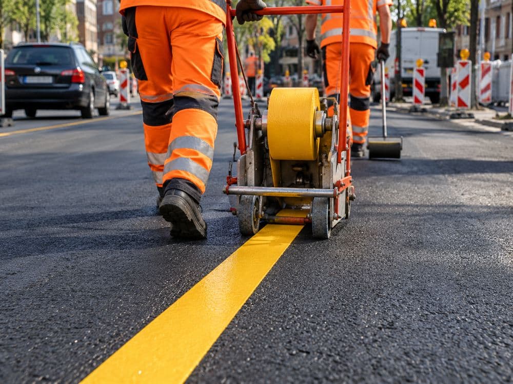 Markierungstrupp bringt gelbe Baustellenmarkierung mit einem Folienabroller auf frischen Asphalt auf, am Rand Leitbaken mit Warnleuchten