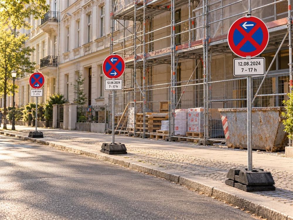 Halteverbotszone für eine Baustelle mit absolutem Haltverbot (Zeichen 283), Zusatzschild mit Datum und Uhrzeit, Gerüst und Container