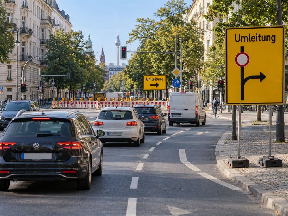 Umleitungsbeschilderung auf einer Berliner Hauptstraße: gelber Vorwegweiser zeigt die Sperrung und die Umleitung nach rechts, im Hintergrund Absperrschranken und Fernsehturm