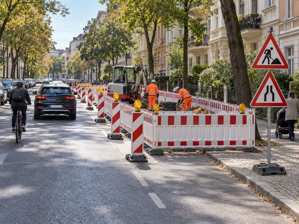 Verkehrssicherung in einer Berliner Altbaustraße: Baugrube mit Minibagger, lückenlos mit rot-weißen Absperrschranken umschlossen, Leitbaken führen den Verkehr vorbei, davor Zeichen Arbeitsstelle und verengte Fahrbahn