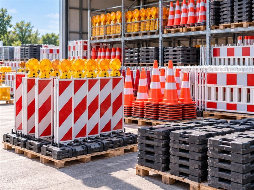 Verkehrssicherungsmaterial zur Miete: Leitbaken, Leitkegel, Absperrschranken und Warnleuchten