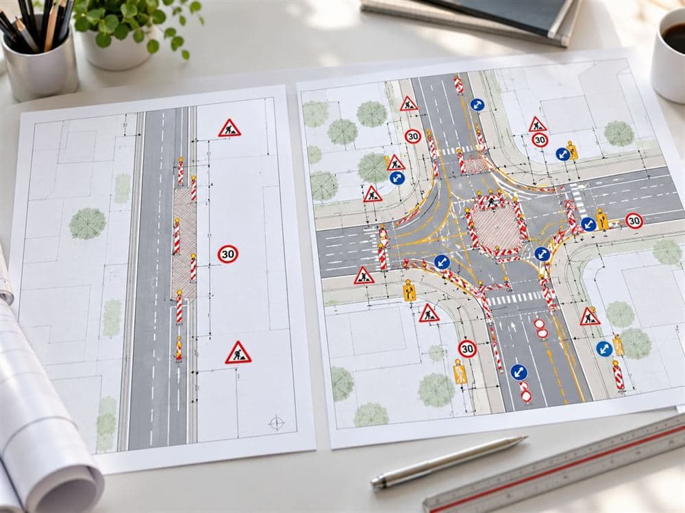 Vergleich eines einfachen und eines aufwendigen Verkehrszeichenplans