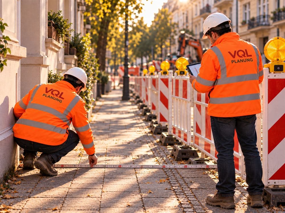 Zwei Mitarbeitende in Warnjacken von VQL-Planung vermessen einen Gehweg und gleichen den Verkehrszeichenplan auf dem Tablet mit der aufgebauten Absicherung ab